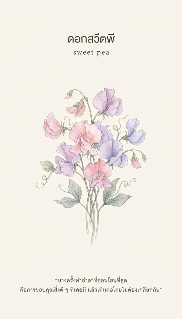 ไพ่ออราเคิล ดอกสวีทพี Sweet Pea ข้อความ: บางครั้งคำอำลาที่อ่อนโยนที่สุด คือการขอบคุณสิ่งดี ๆ ที่เคยมี แล้วเดินต่อโดยไม่ต้องเกลียดกัน