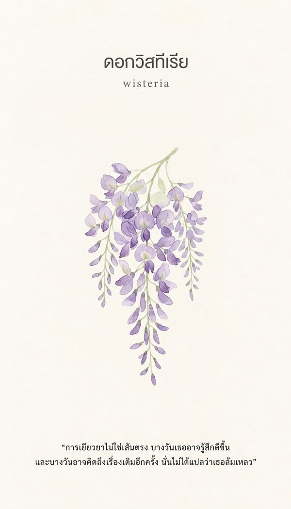 ไพ่ออราเคิล ดอกวิสทีเรีย Wisteria ข้อความ: การเยียวยาไม่ใช่เส้นตรง บางวันเธออาจรู้สึกดีขึ้น และบางวันอาจคิดถึงเรื่องเดิมอีกครั้ง นั่นไม่ได้แปลว่าเธอล้มเหลว
