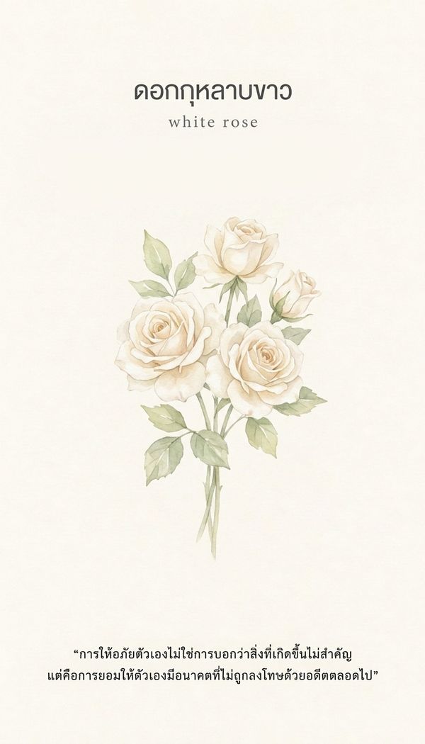ไพ่ออราเคิล ดอกกุหลาบขาว White Rose ข้อความ: การให้อภัยตัวเองไม่ใช่การบอกว่าสิ่งที่เกิดขึ้นไม่สำคัญ แต่คือการยอมให้ตัวเองมีอนาคตที่ไม่ถูกลงโทษด้วยอดีตตลอดไป