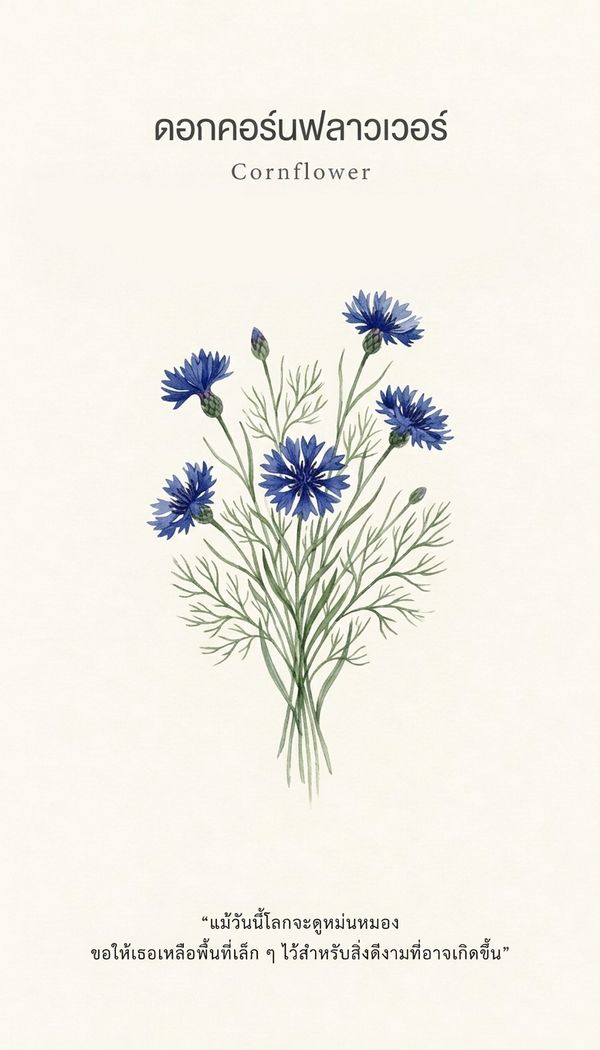 ไพ่ออราเคิล ดอกคอร์นฟลาวเวอร์ Cornflower ข้อความ: แม้วันนี้โลกจะดูหม่นหมอง ขอให้เธอเหลือพื้นที่เล็ก ๆ ไว้สำหรับสิ่งดีงามที่อาจเกิดขึ้น
