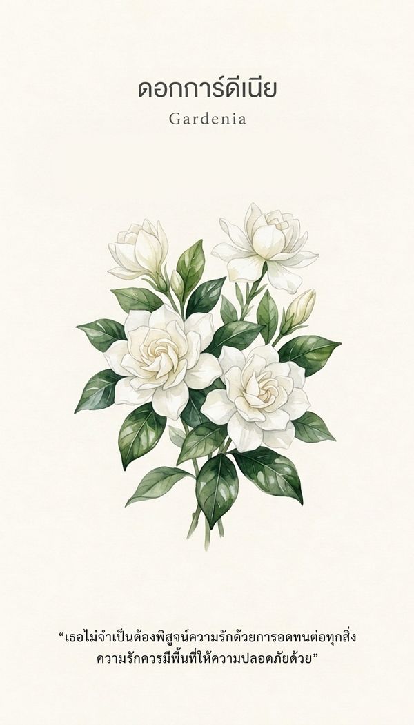 ไพ่ออราเคิล ดอกการ์เดเนีย Gardenia ข้อความ: เธอไม่จำเป็นต้องพิสูจน์ความรักด้วยการอดทนต่อทุกสิ่ง ความรักควรมีพื้นที่ให้ความปลอดภัยด้วย