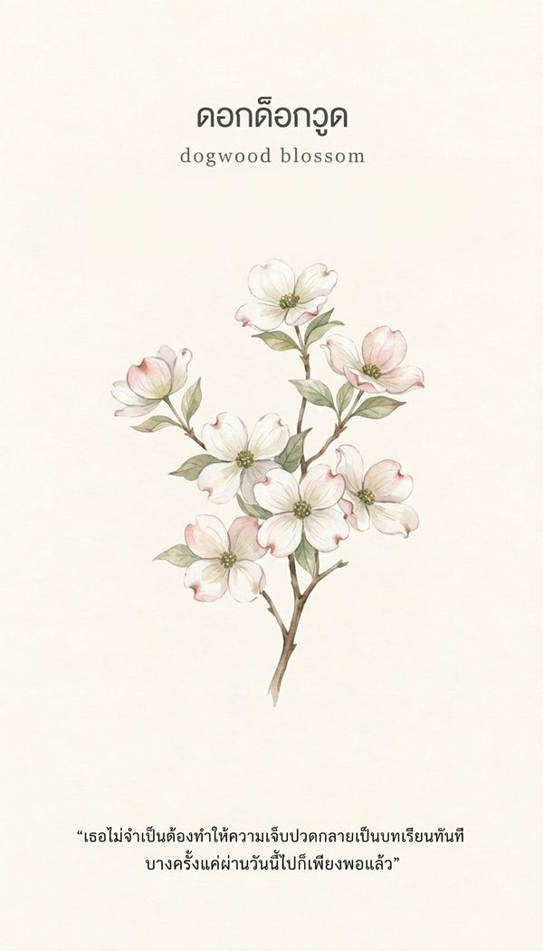 ไพ่ออราเคิล ดอกด็อกวูด Dogwood Blossom ข้อความ: เธอไม่จำเป็นต้องทำให้ความเจ็บปวดกลายเป็นบทเรียนทันที บางครั้งแค่ผ่านวันนี้ไปก็เพียงพอแล้ว