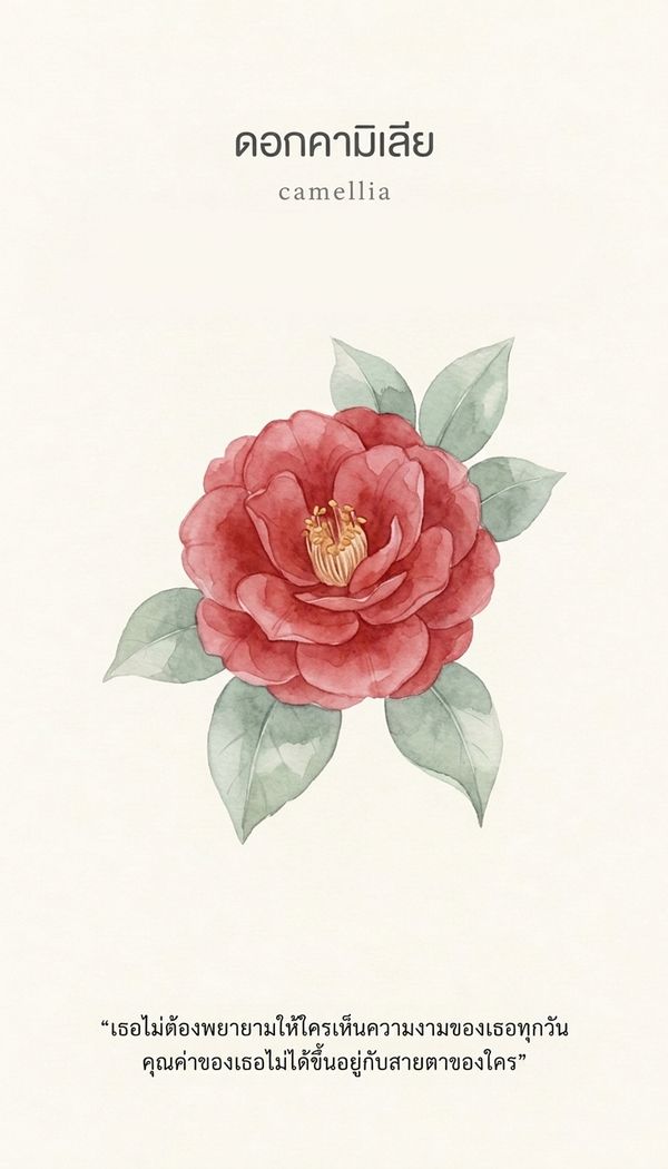 ไพ่ออราเคิล ดอกคามิเลีย Camellia ข้อความ: เธอไม่ต้องพยายามให้ใครเห็นความงามของเธอทุกวัน คุณค่าของเธอไม่ได้ขึ้นอยู่กับสายตาของใคร