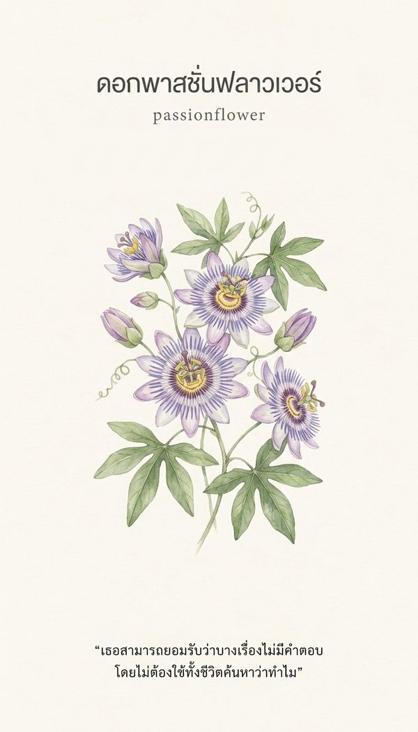 ไพ่ออราเคิล ดอกพาสชั่นฟลาวเวอร์ Passionflower ข้อความ: เธอสามารถยอมรับว่าบางเรื่องไม่มีคำตอบ โดยไม่ต้องใช้ทั้งชีวิตค้นหาว่าทำไม